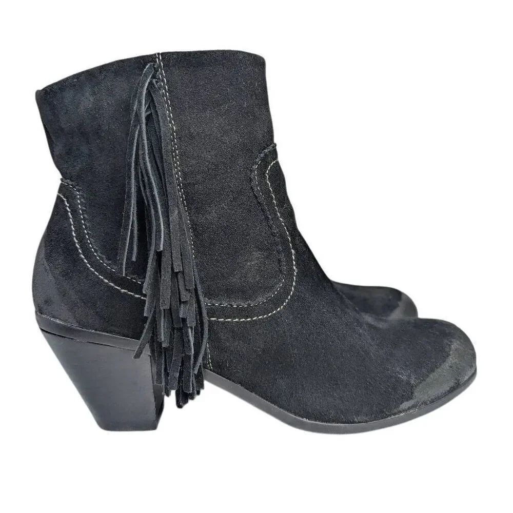 Crown Vintage black suede leather fringe western ankle boots booties 9.5